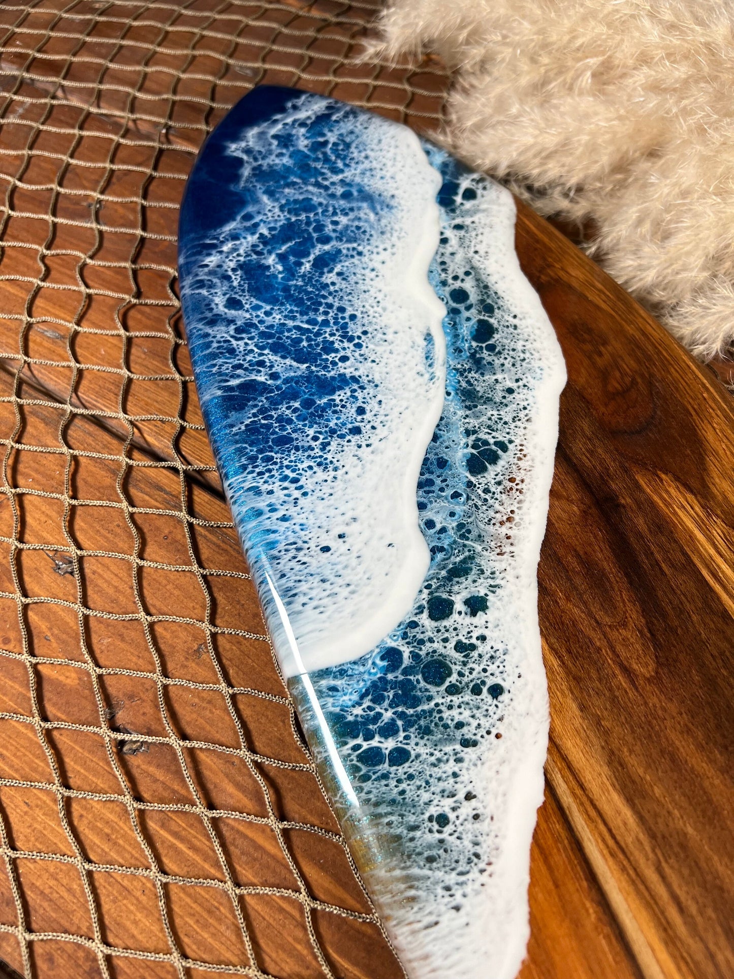Teak Ocean Waves Resin Surfboard, Serving Tray, Charcuterie Board, Wall Art
