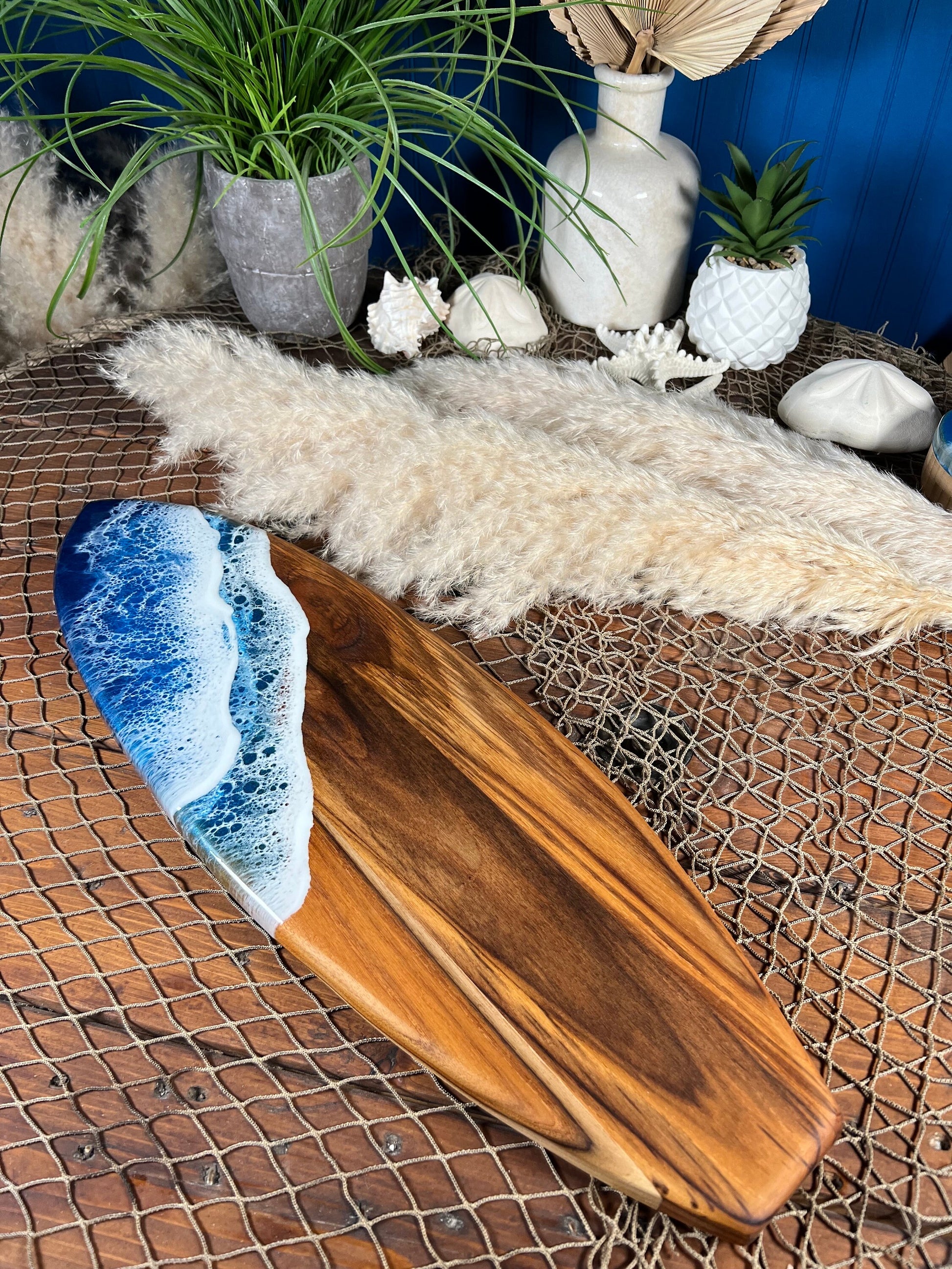 Teak Ocean Waves Resin Surfboard, Serving Tray, Charcuterie Board, Wall Art