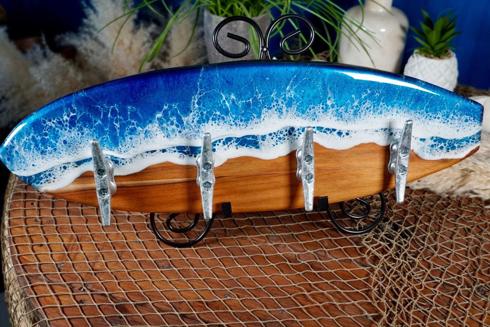 Teak wood Ocean Waves Resin Surfboard coat or towel hanger
