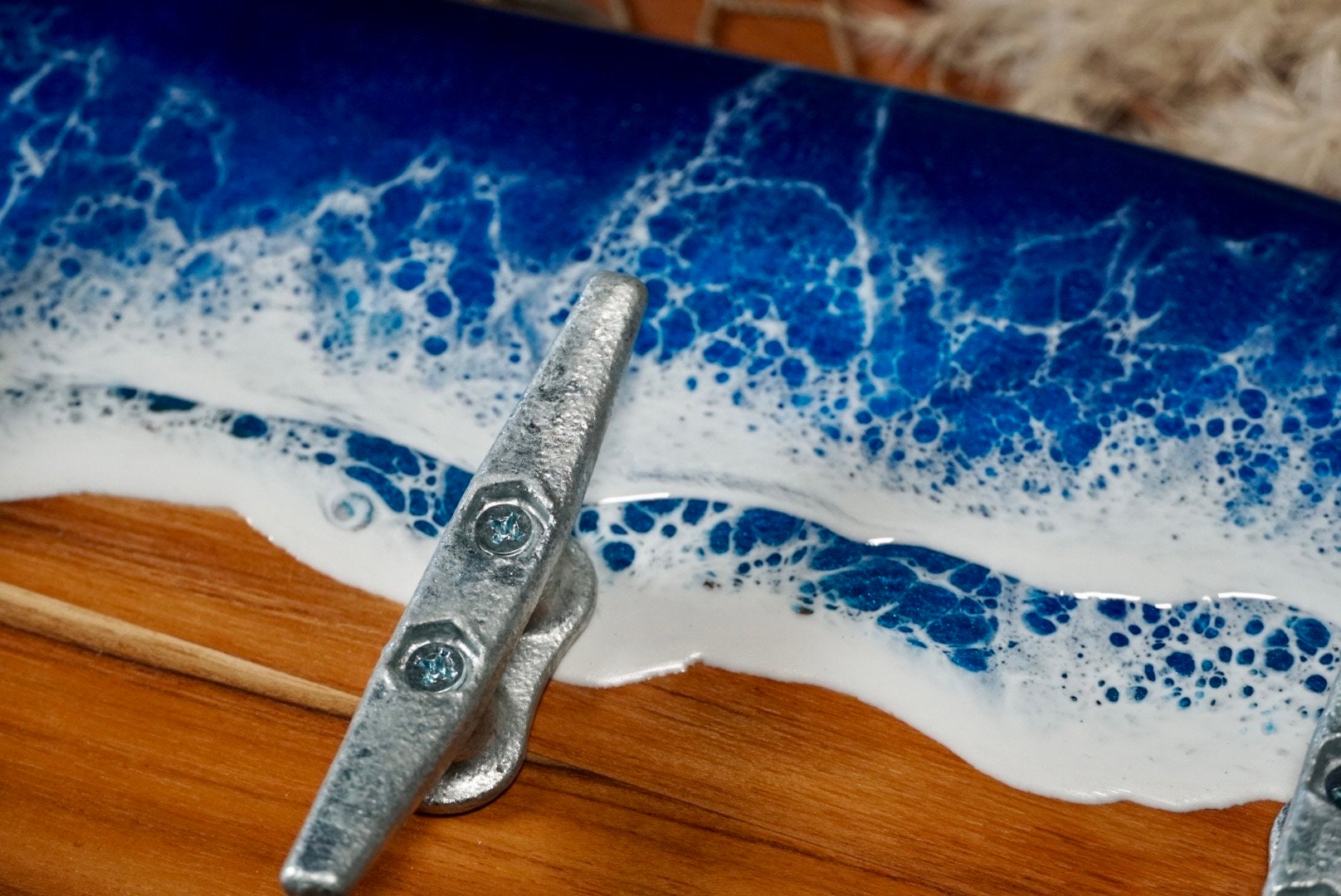 Teak wood Ocean Waves Resin Surfboard coat or towel hanger