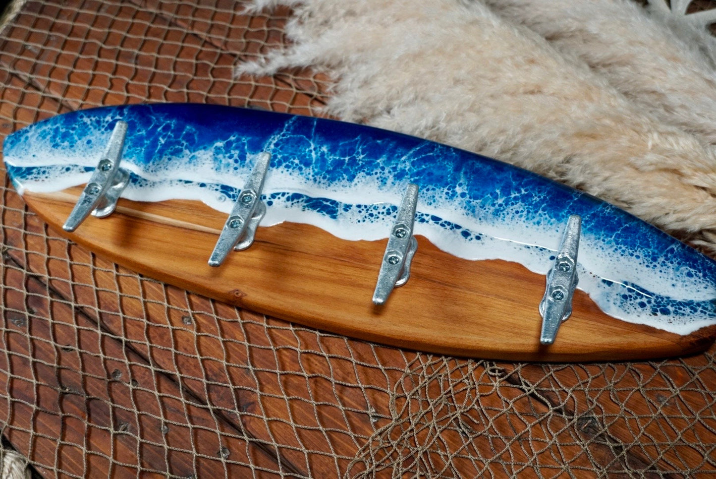 Teak wood Ocean Waves Resin Surfboard coat or towel hanger