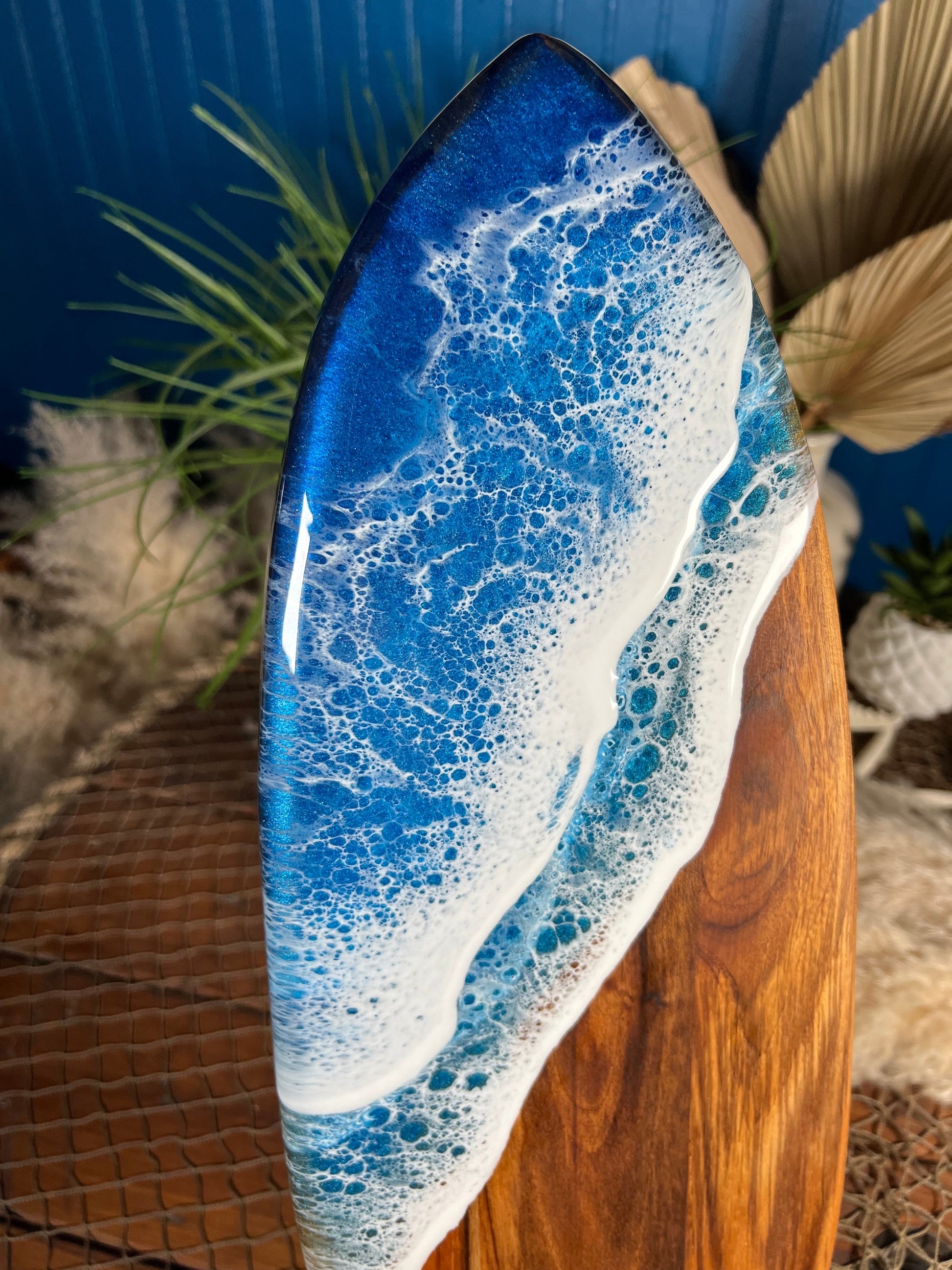 Teak Ocean Waves Resin Surfboard, Serving Tray, Charcuterie Board, Wall Art