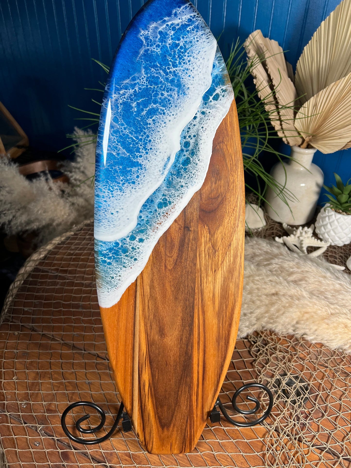 Teak Ocean Waves Resin Surfboard, Serving Tray, Charcuterie Board, Wall Art
