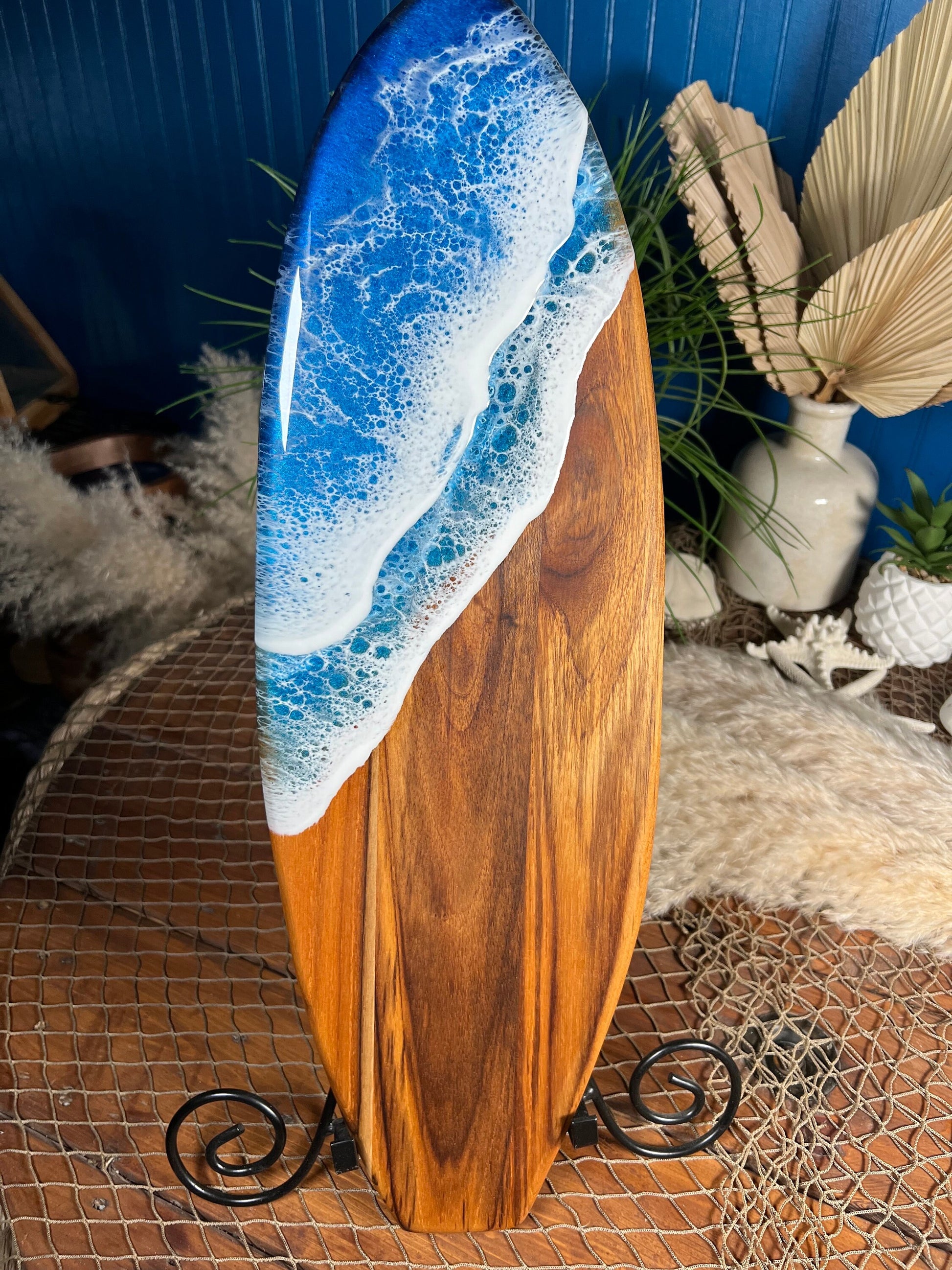 Teak Ocean Waves Resin Surfboard, Serving Tray, Charcuterie Board, Wall Art