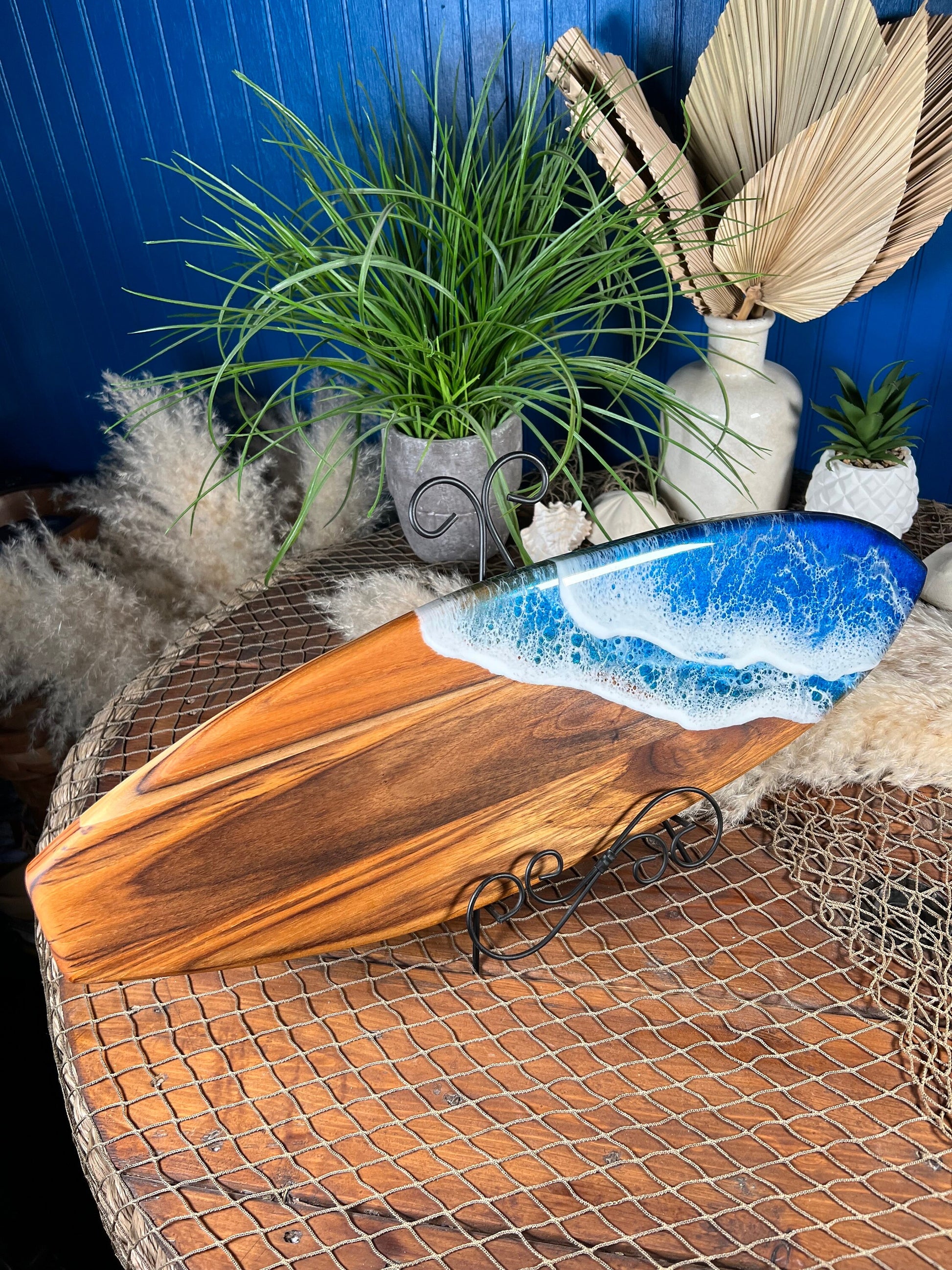 Teak Ocean Waves Resin Surfboard, Serving Tray, Charcuterie Board, Wall Art