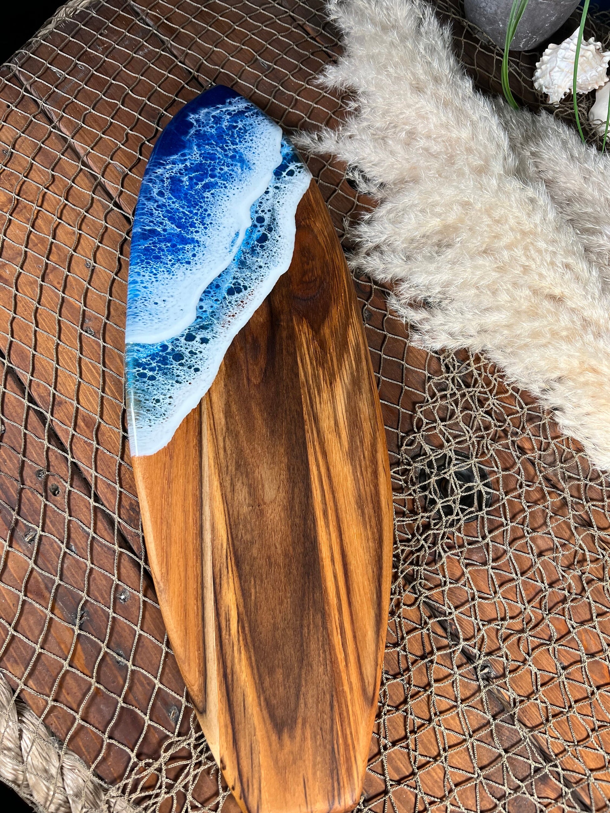 Teak Ocean Waves Resin Surfboard, Serving Tray, Charcuterie Board, Wall Art