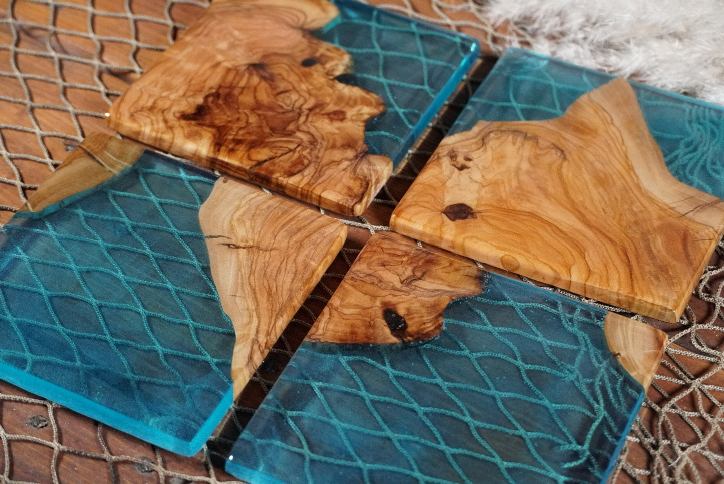 Aqua Blue/Green Resin and Olive Wood Coasters