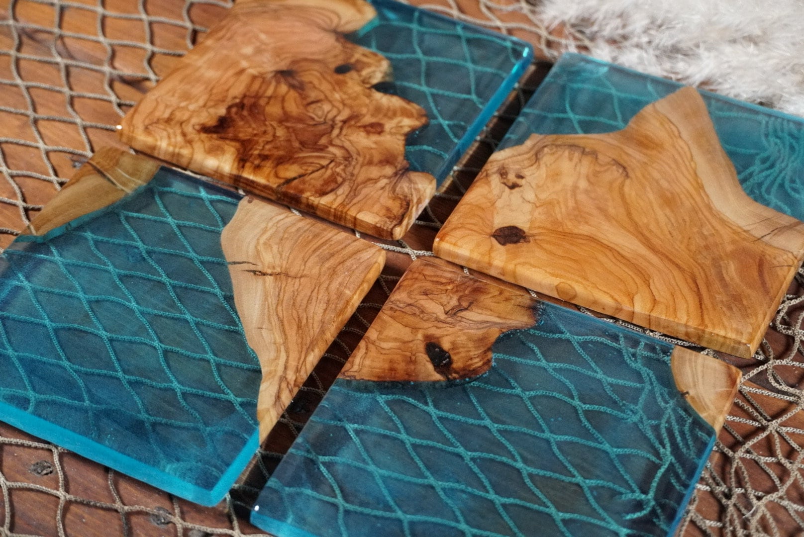 Aqua Blue/Green Resin and Olive Wood Coasters