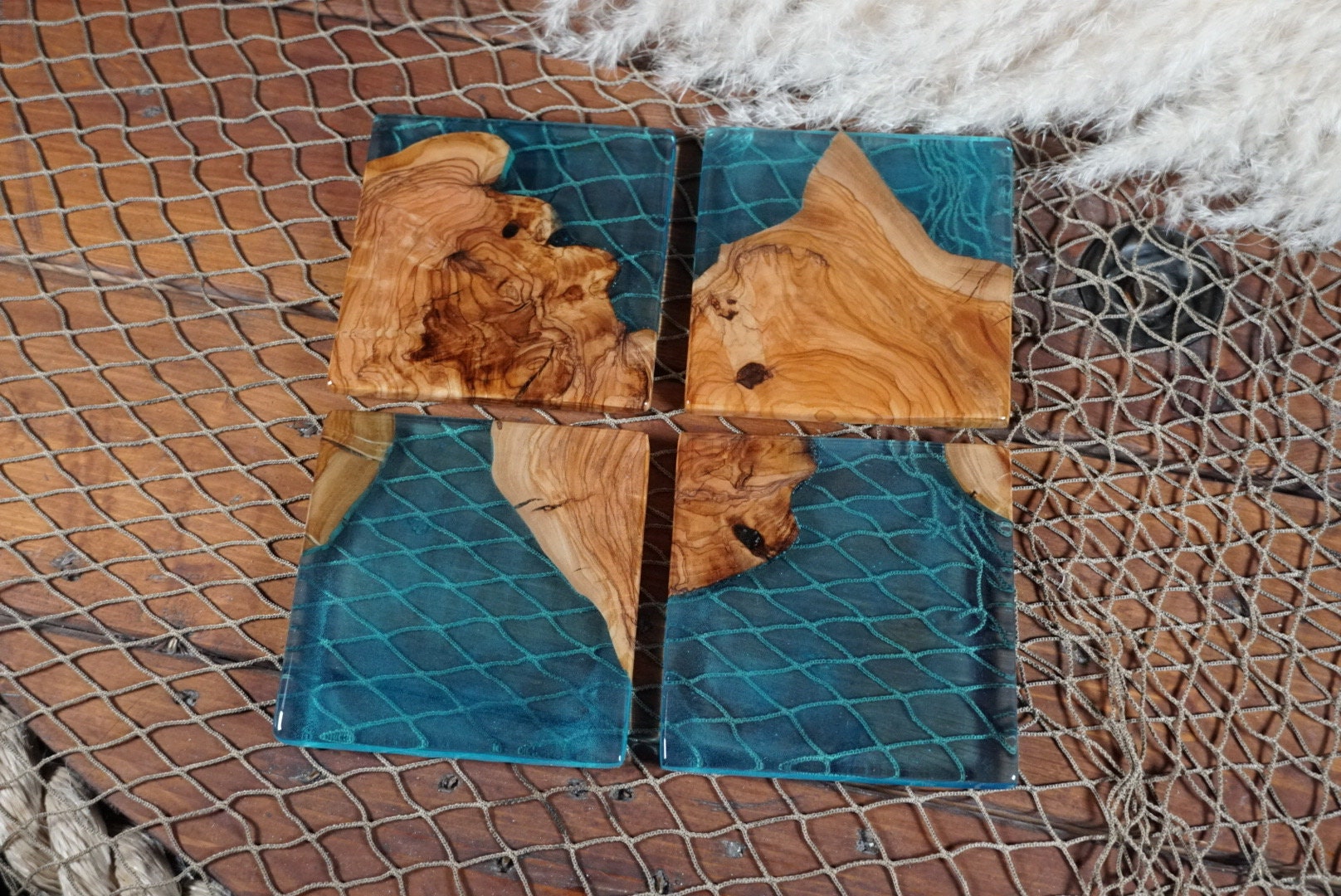 Aqua Blue/Green Resin and Olive Wood Coasters