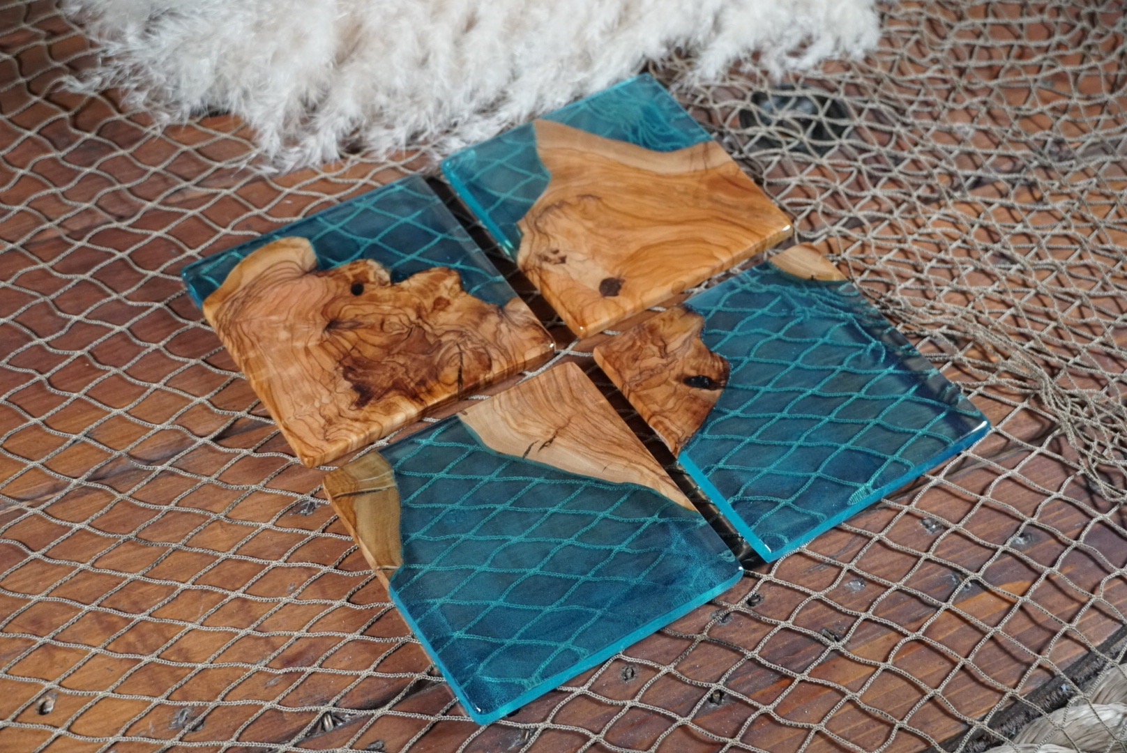 Aqua Blue/Green Resin and Olive Wood Coasters