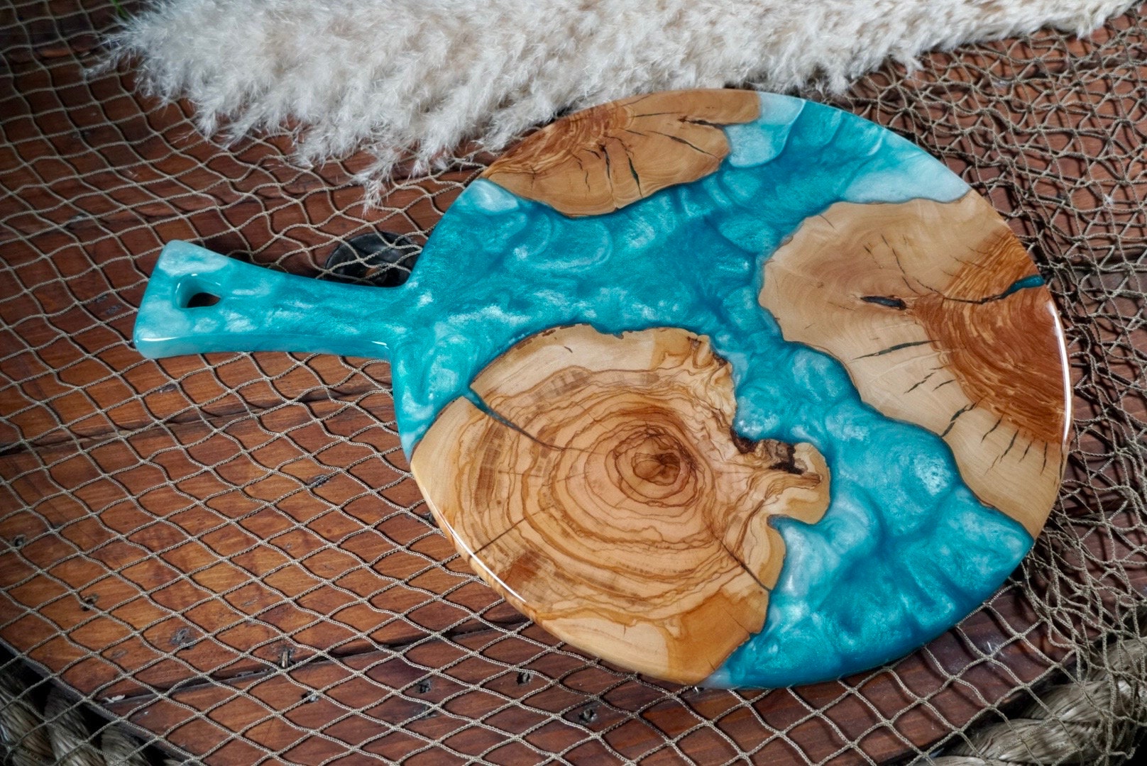 Turquoise with Olive Wood Round Charcuterie Board