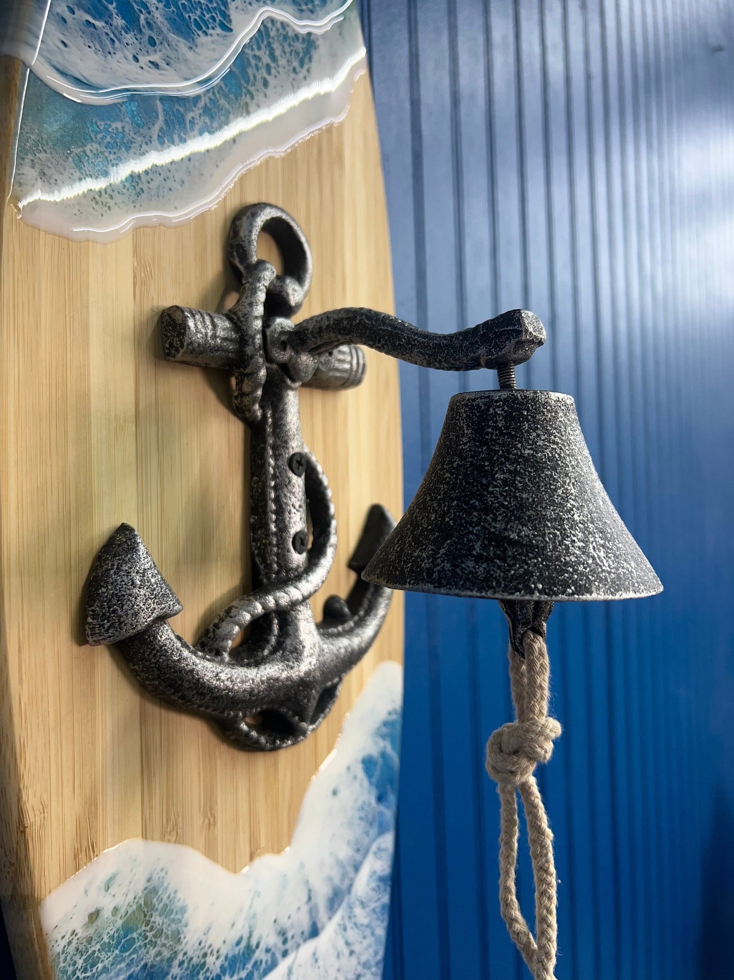 Nautical Anchor Bell Surfboard with Ocean Waves | Wall Art