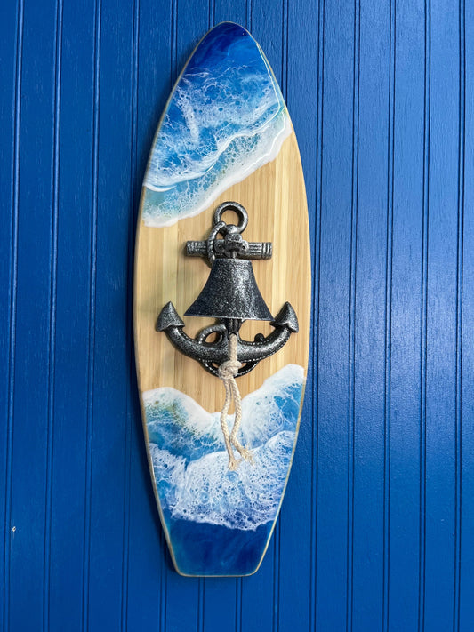 Nautical Anchor Bell Surfboard with Ocean Waves | Wall Art