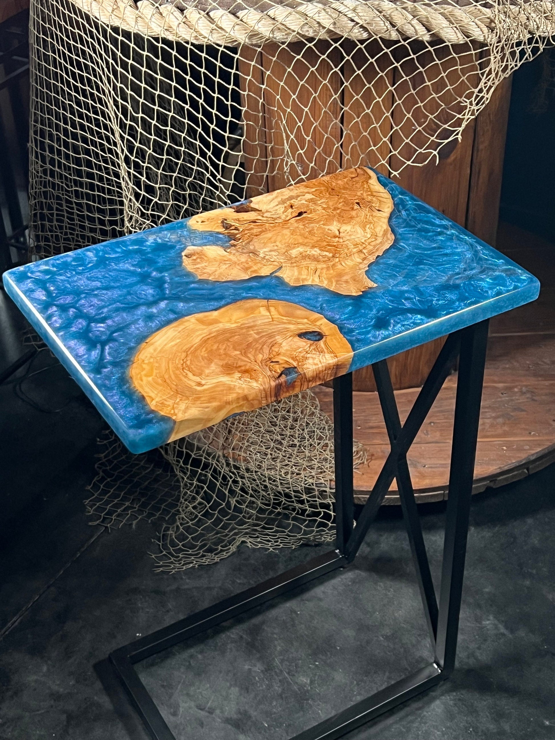 BLUE OLIVE Epoxy Resin Table with Olive Wood | Side Table | End Table | Accent Table | C-Table