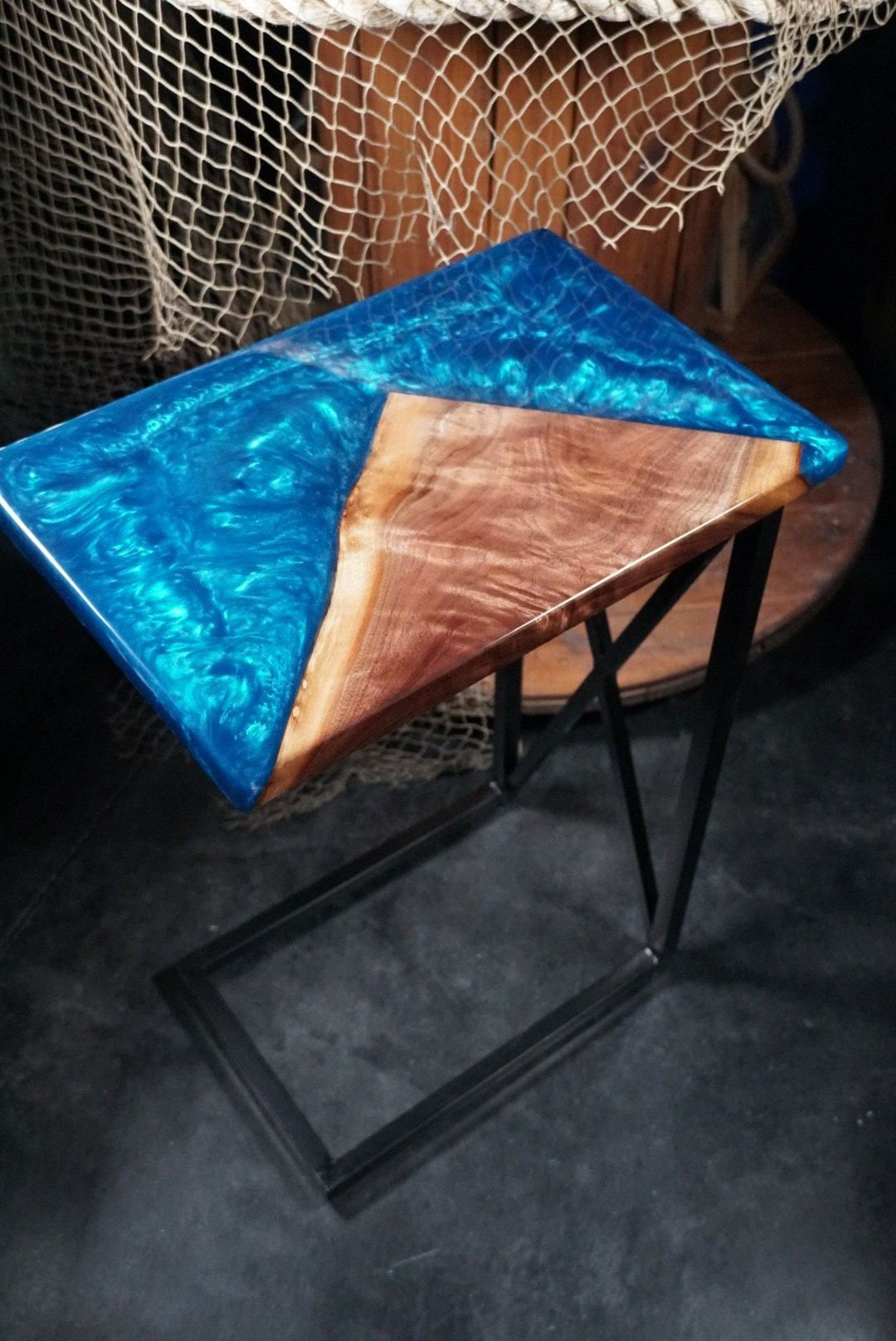 BLUE WALNUT Epoxy Resin Table with Walnut Wood | Side Table | End Table | Accent Table, C-Table