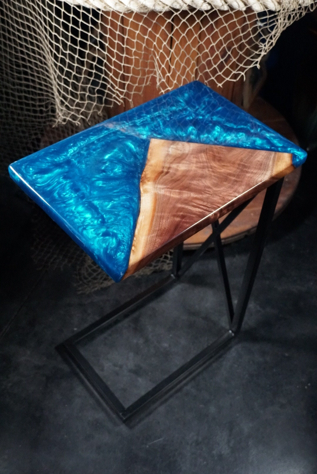 BLUE WALNUT Epoxy Resin Table with Walnut Wood | Side Table | End Table | Accent Table, C-Table