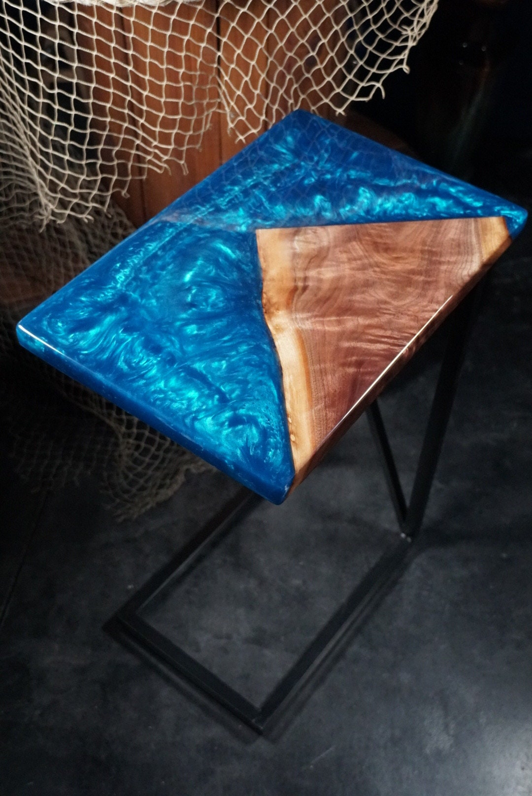 BLUE WALNUT Epoxy Resin Table with Walnut Wood | Side Table | End Table | Accent Table, C-Table