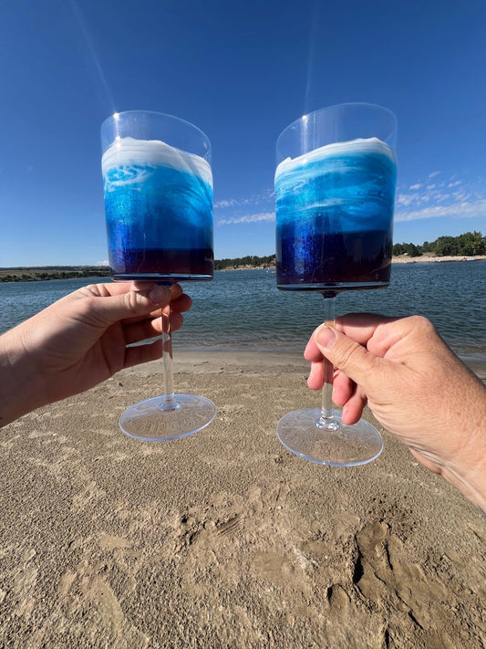 Blue with Ocean Waves 14 oz Acrylic Beverage Glasses | Wine Glasses