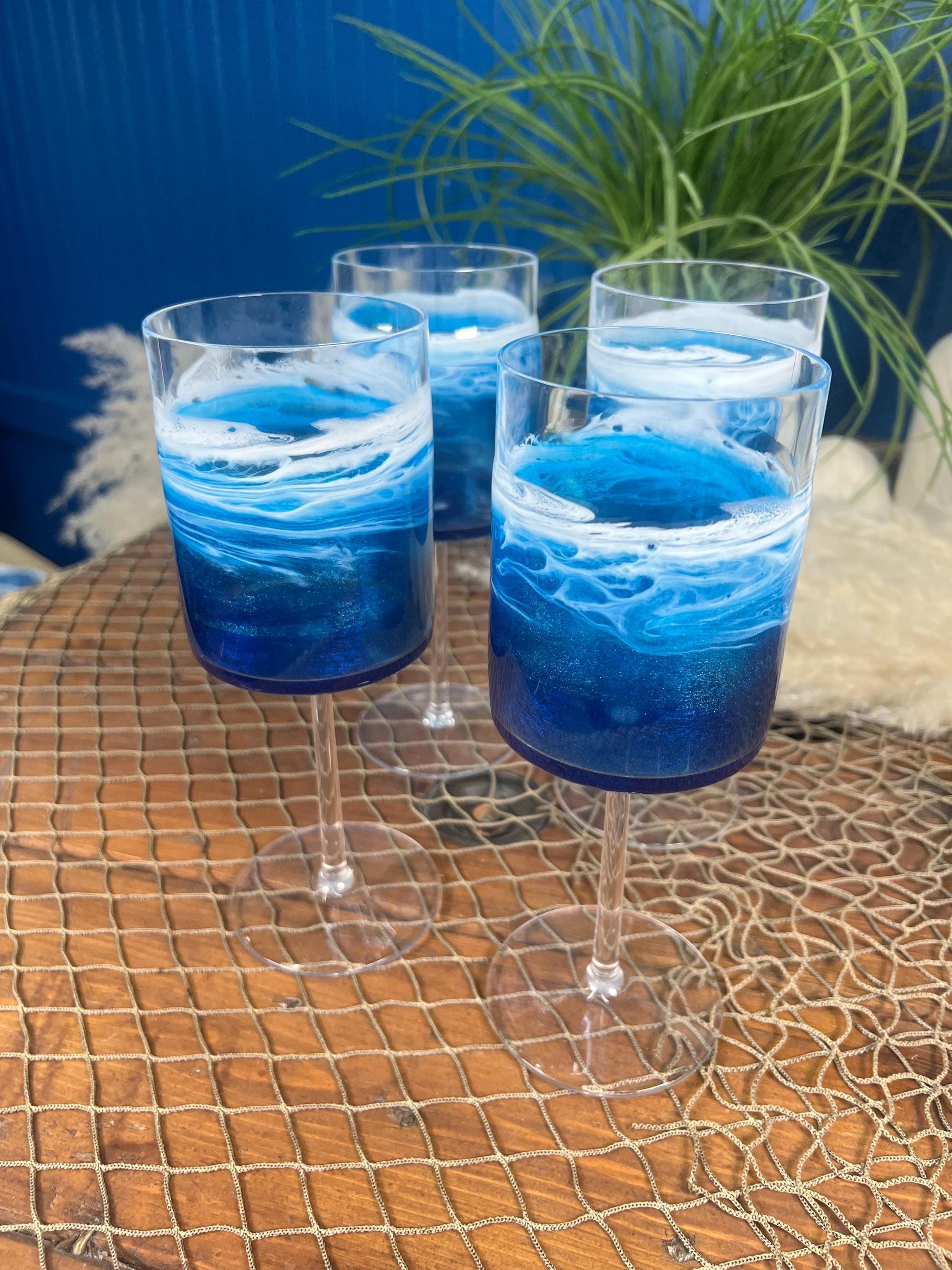 Blue with Ocean Waves 14 oz Acrylic Beverage Glasses | Wine Glasses