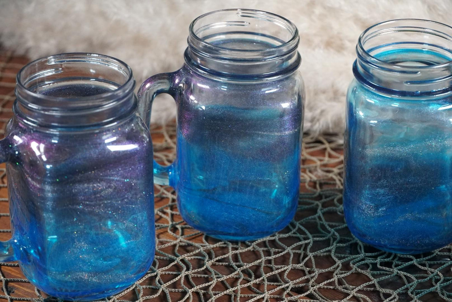 Blue 16 oz Mason Jar Beverage Glasses with handles