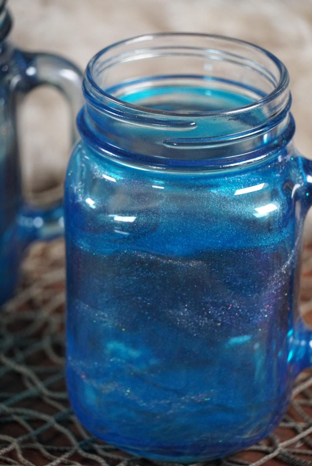 Blue 16 oz Mason Jar Beverage Glasses with handles