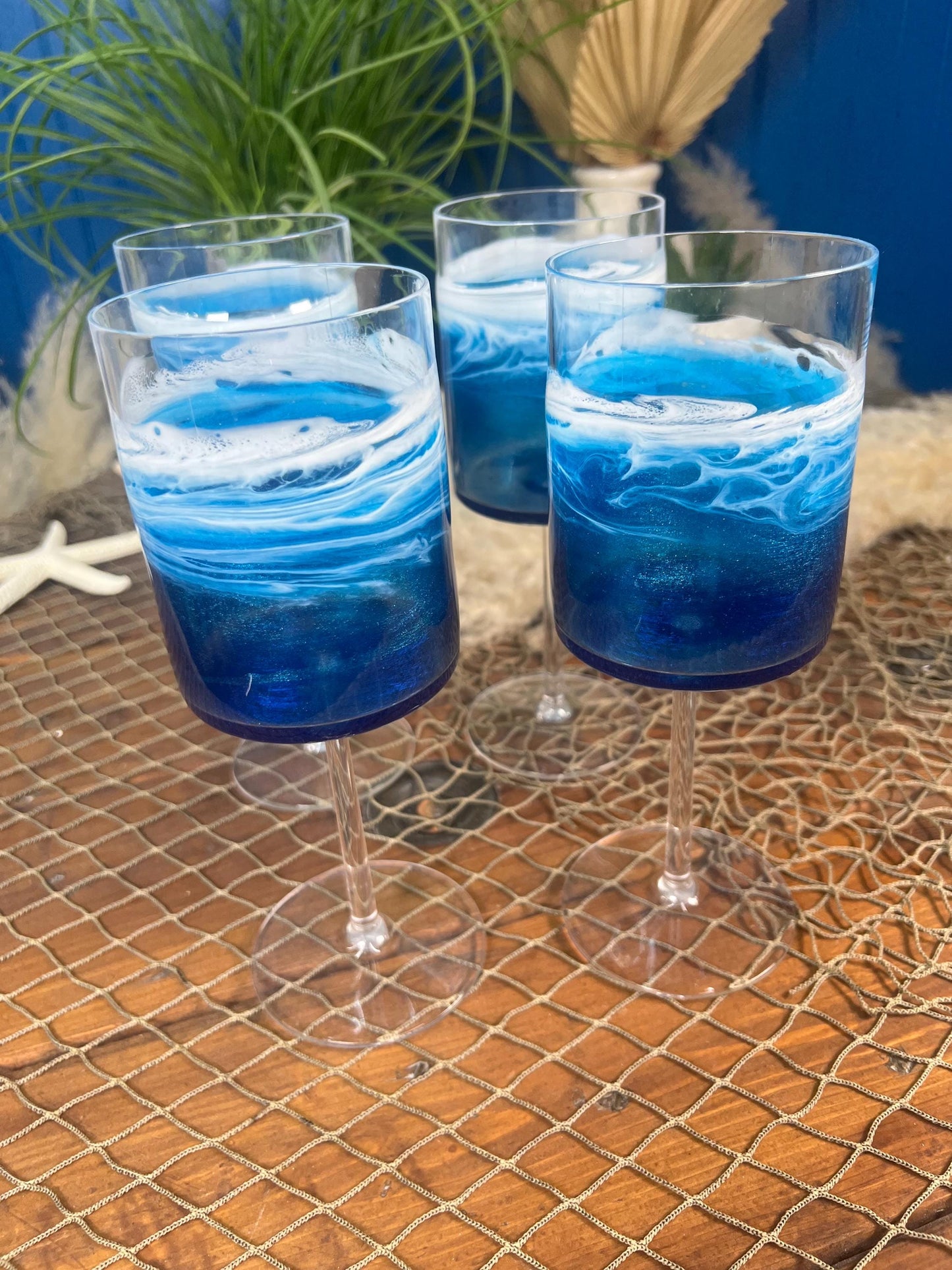 Blue with Ocean Waves 14 oz Acrylic Beverage Glasses | Wine Glasses