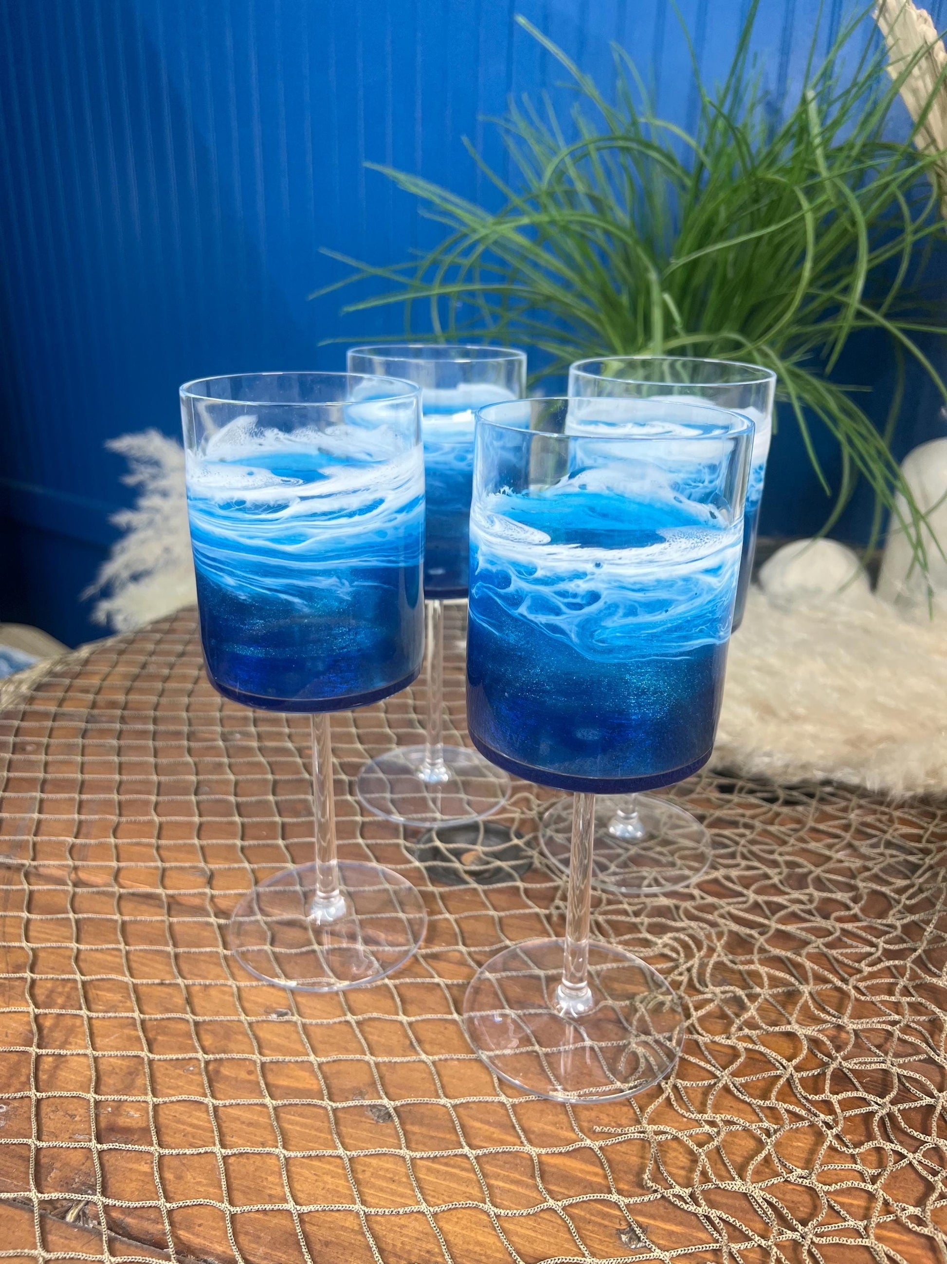 Blue with Ocean Waves 14 oz Acrylic Beverage Glasses | Wine Glasses