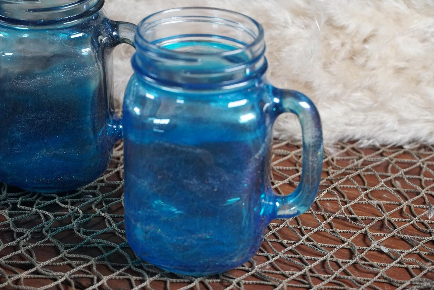 Blue 16 oz Mason Jar Beverage Glasses with handles