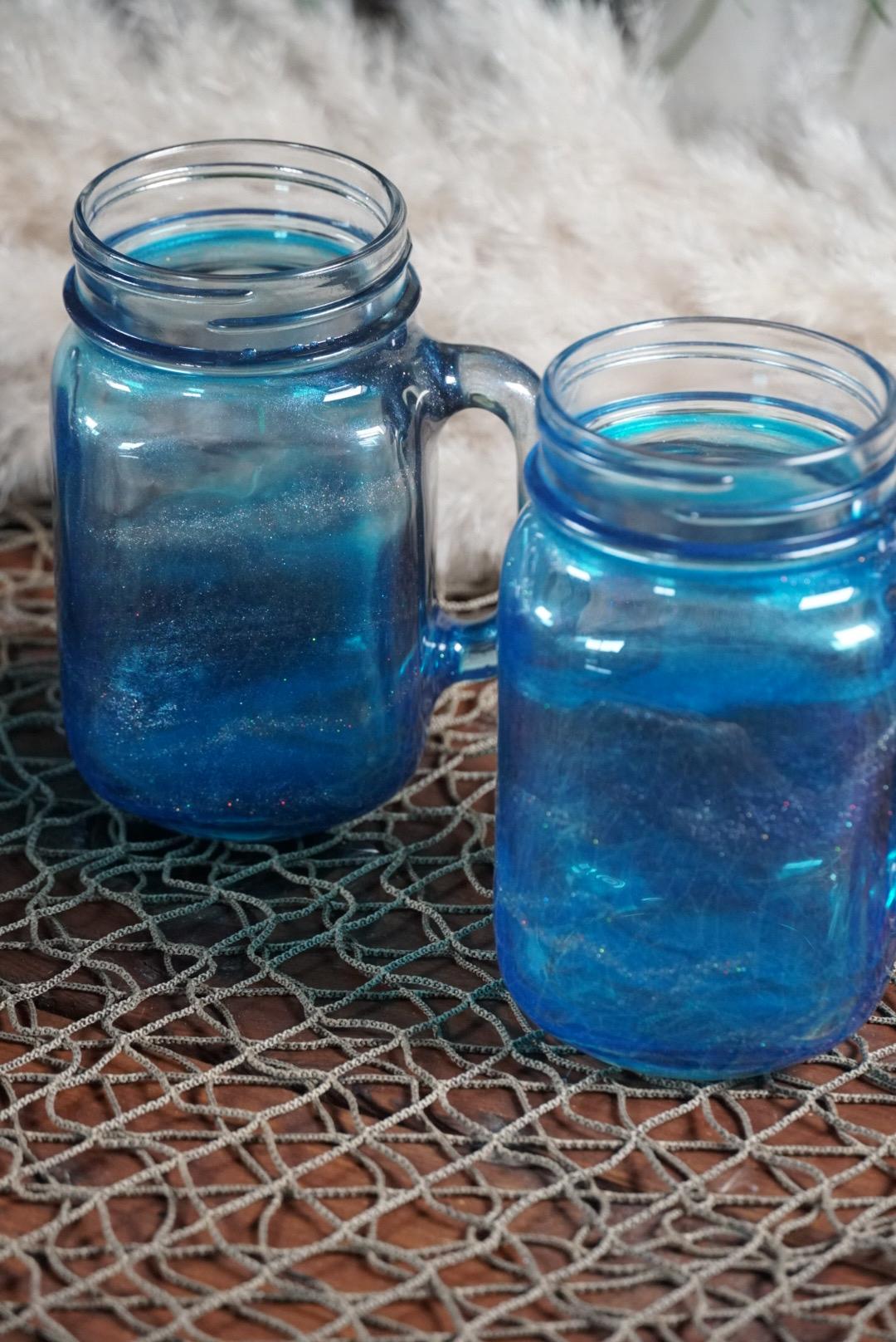 Blue 16 oz Mason Jar Beverage Glasses with handles
