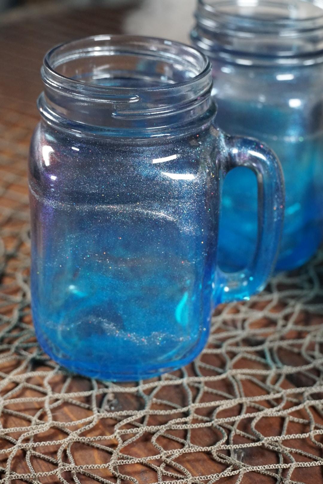 Blue 16 oz Mason Jar Beverage Glasses with handles