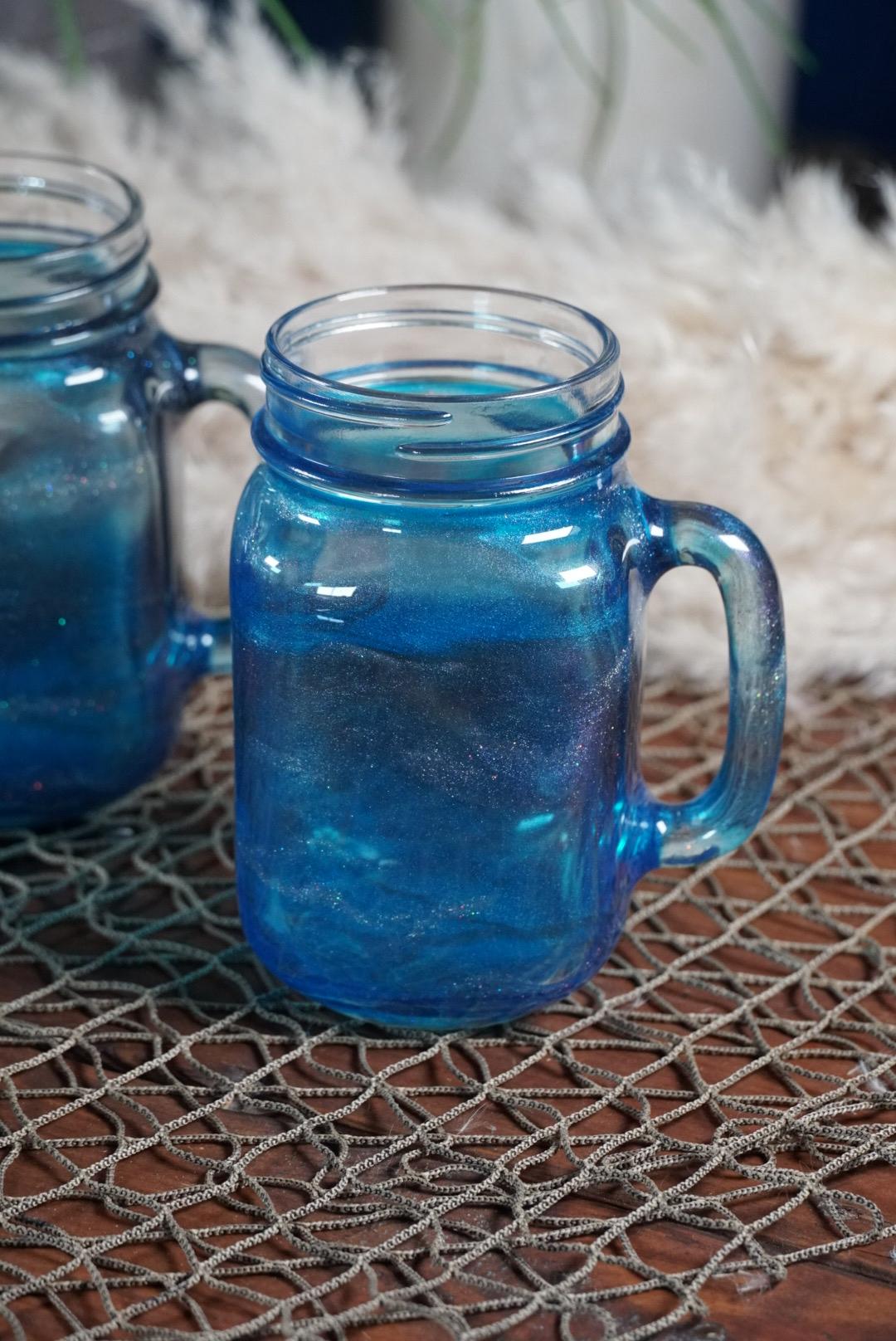 Blue 16 oz Mason Jar Beverage Glasses with handles