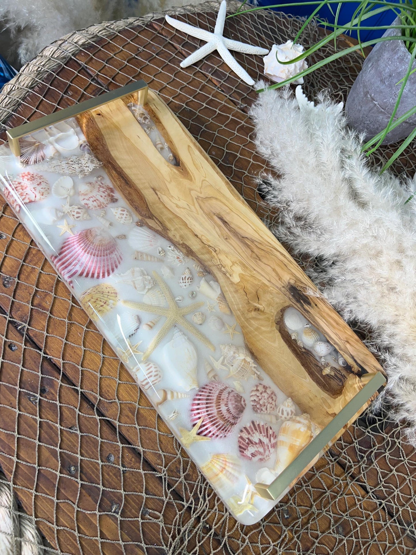 Sea Shell and Walnut Resin Serving Tray, Charcuterie Board/Wall Art