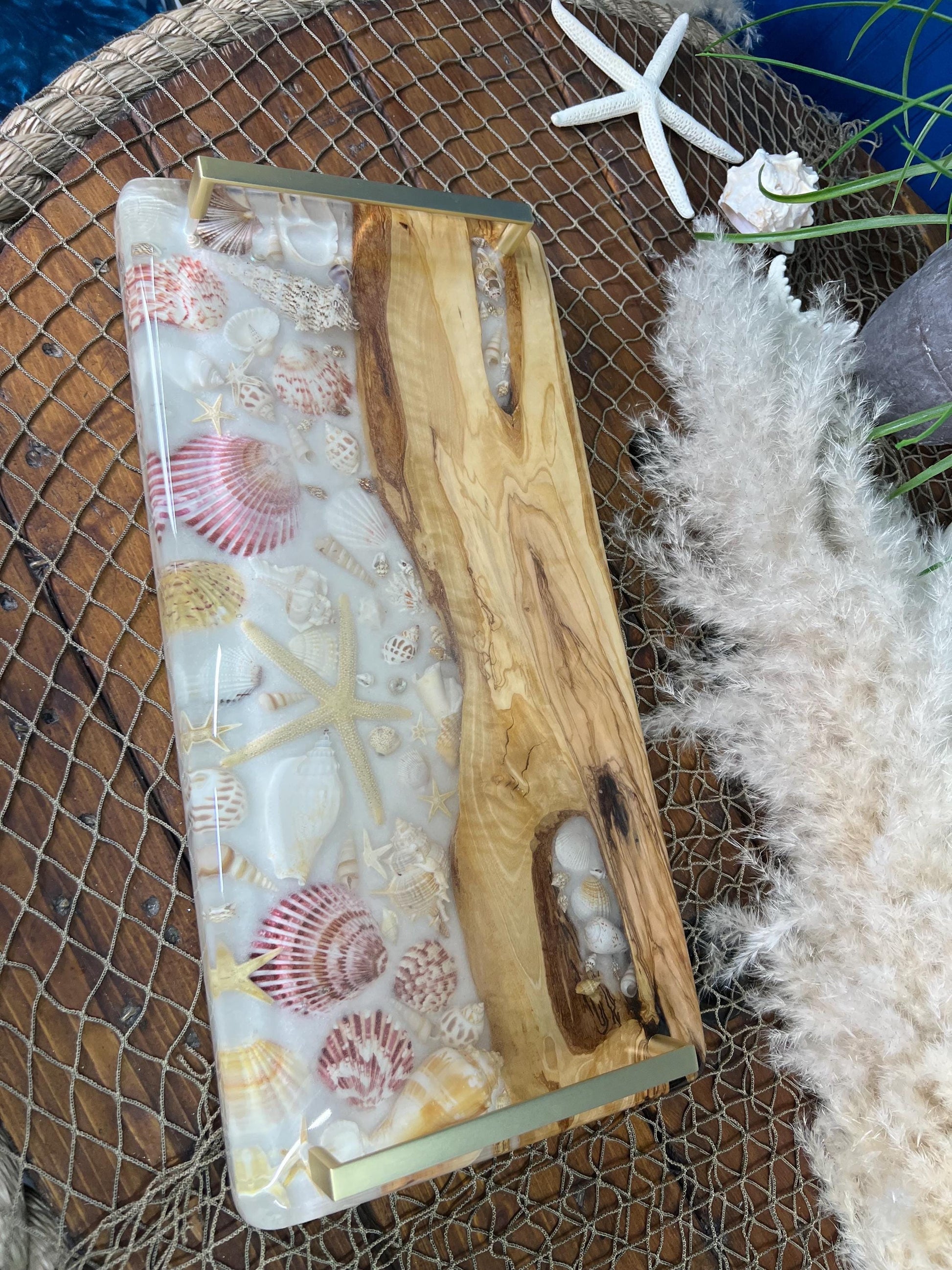 Sea Shell and Olive Wood Resin Serving Tray, Charcuterie Board/Wall Art