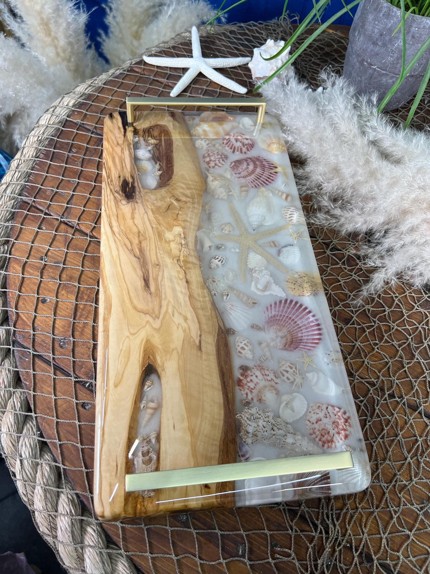 Sea Shell and Walnut Resin Serving Tray, Charcuterie Board/Wall Art