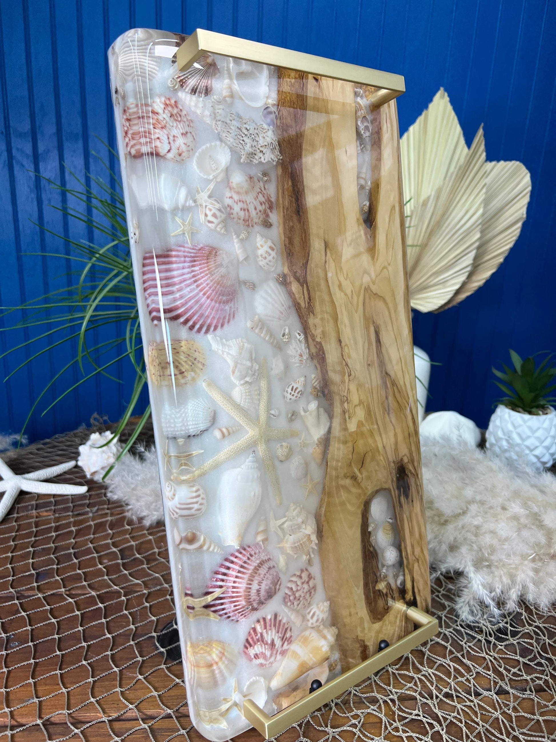 Sea Shell and Walnut Resin Serving Tray, Charcuterie Board/Wall Art