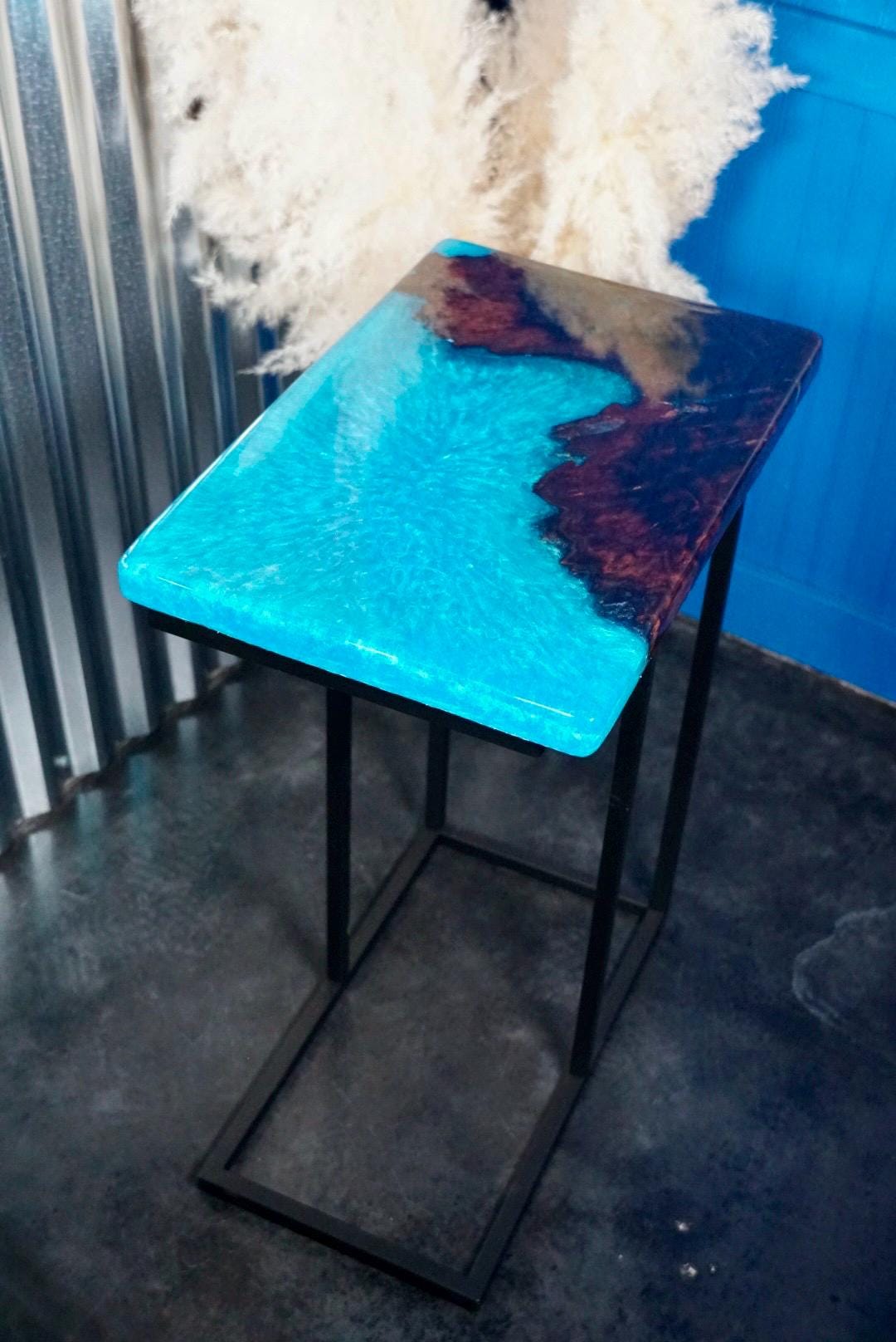 TURQUOISE WALNUT Epoxy Resin Table with Walnut Burl | Side Table | End Table | Accent Table, C-Table