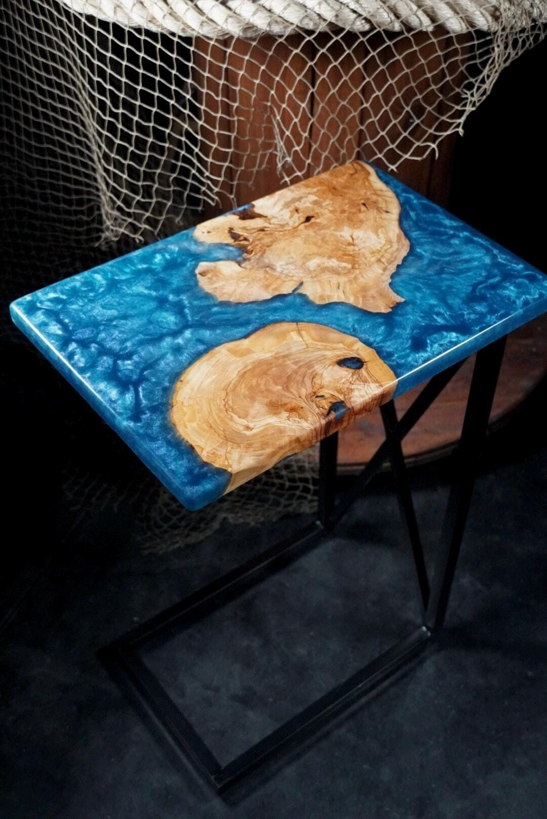 BLUE OLIVE Epoxy Resin Table with Olive Wood | Side Table | End Table | Accent Table | C-Table