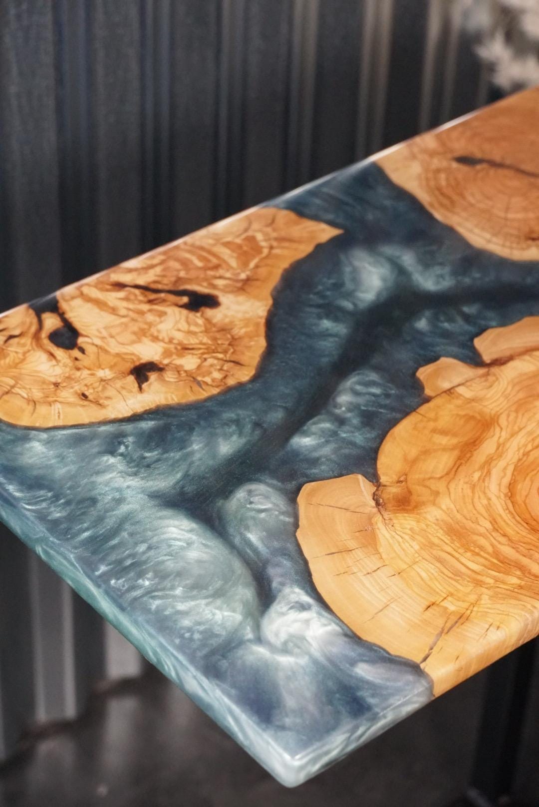 Green & Silver Olive Wood Accent Table, Side Table, End Table, C-Table