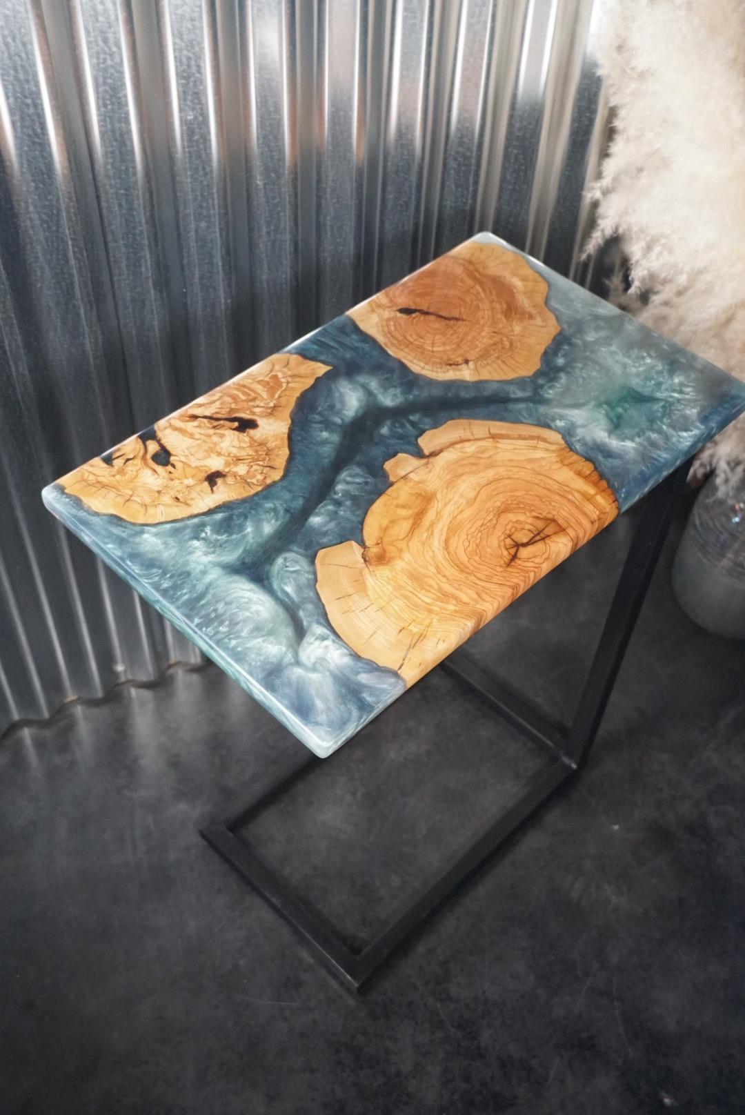 Green & Silver Olive Wood Accent Table, Side Table, End Table, C-Table