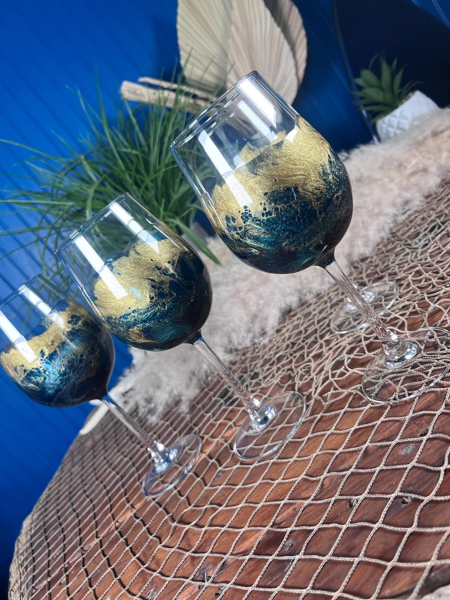 Emerald Green with Golden Waves Wine Glasses | Coastal Decor