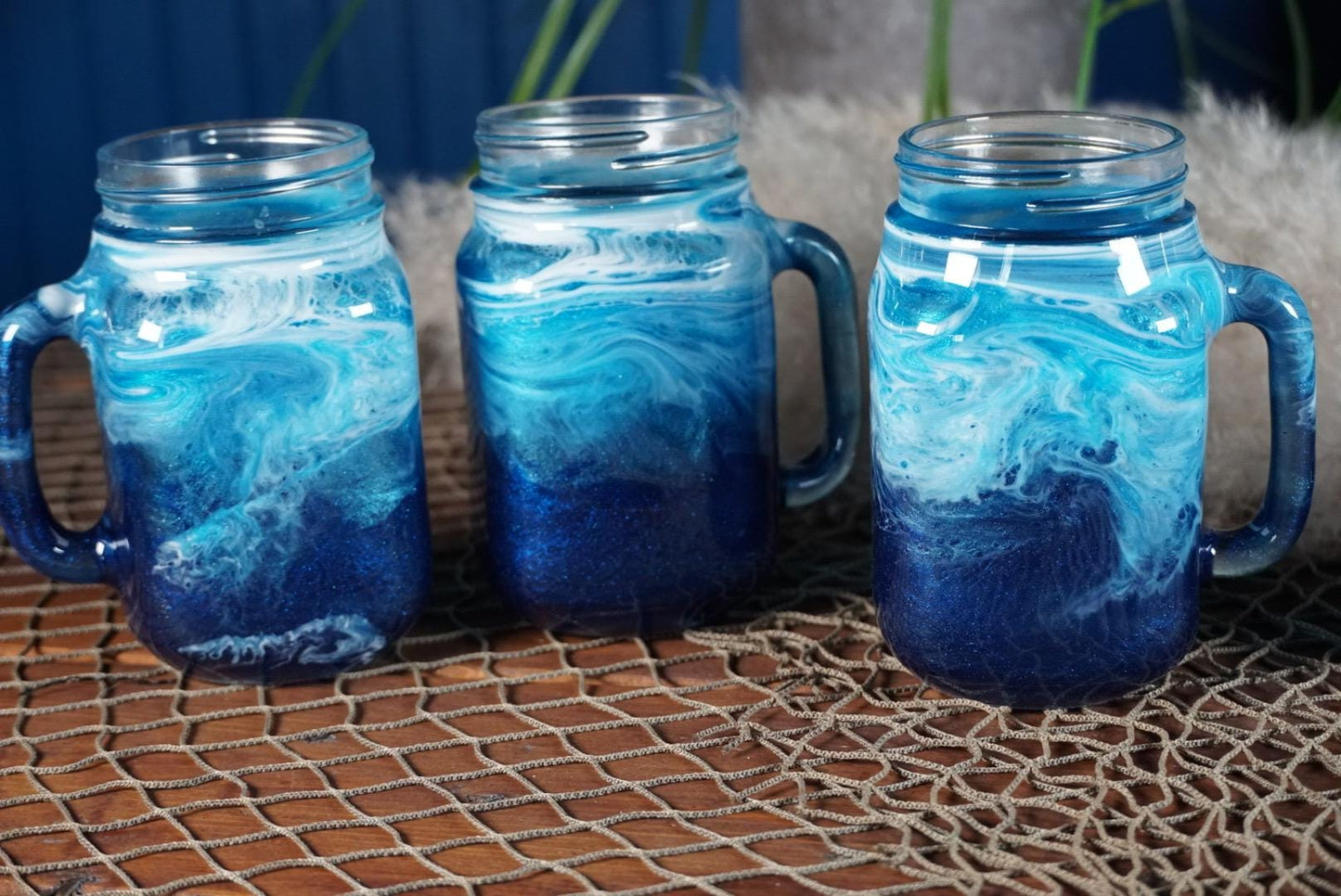 Ocean Waves 16 oz Mason Jar Beverage Glasses with handles | Coastal Decor