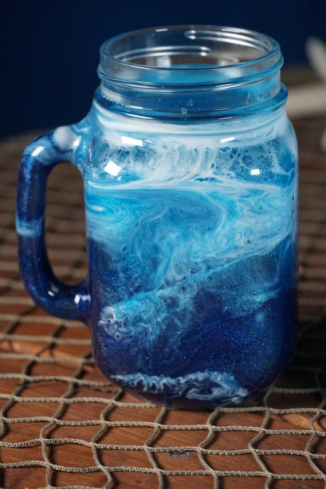Ocean Waves 16 oz Mason Jar Beverage Glasses with handles | Coastal Decor