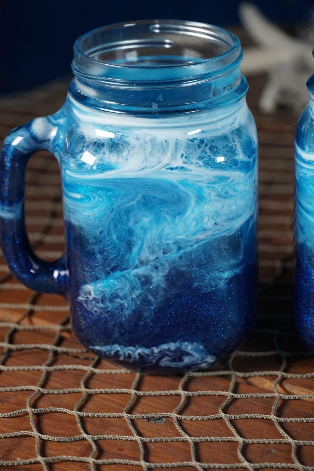 Ocean Waves 16 oz Mason Jar Beverage Glasses with handles | Coastal Decor
