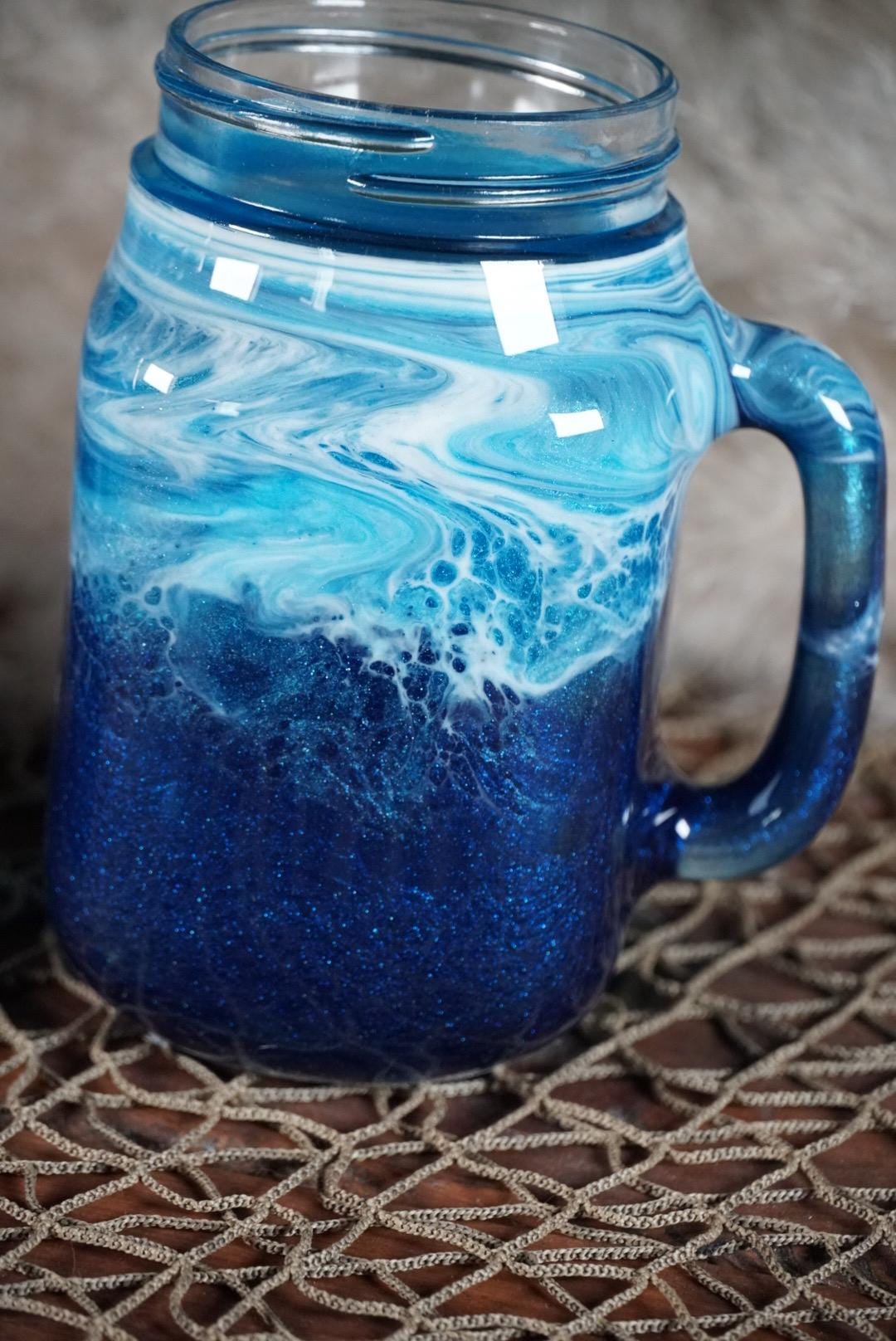 Ocean Waves 16 oz Mason Jar Beverage Glasses with handles | Coastal Decor
