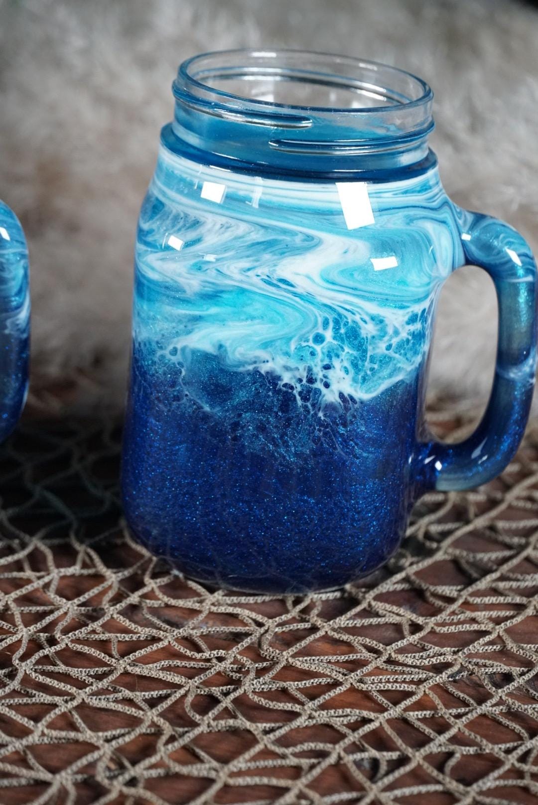 Ocean Waves 16 oz Mason Jar Beverage Glasses with handles | Coastal Decor