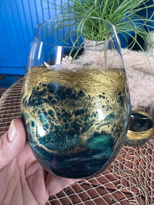 Emerald Green and Golden Waves Wine Glasses