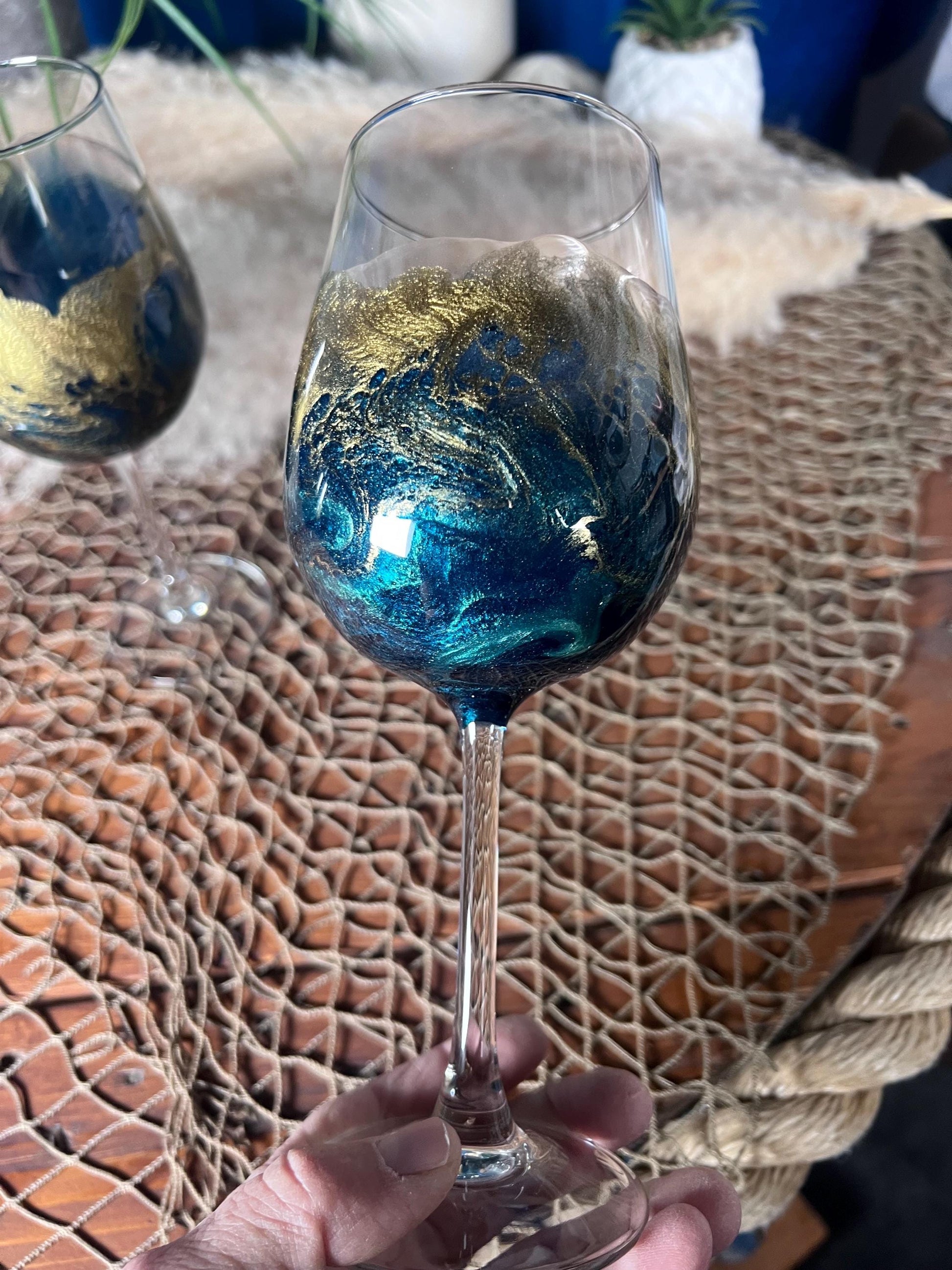 Emerald Green with Golden Waves Wine Glasses | Coastal Decor