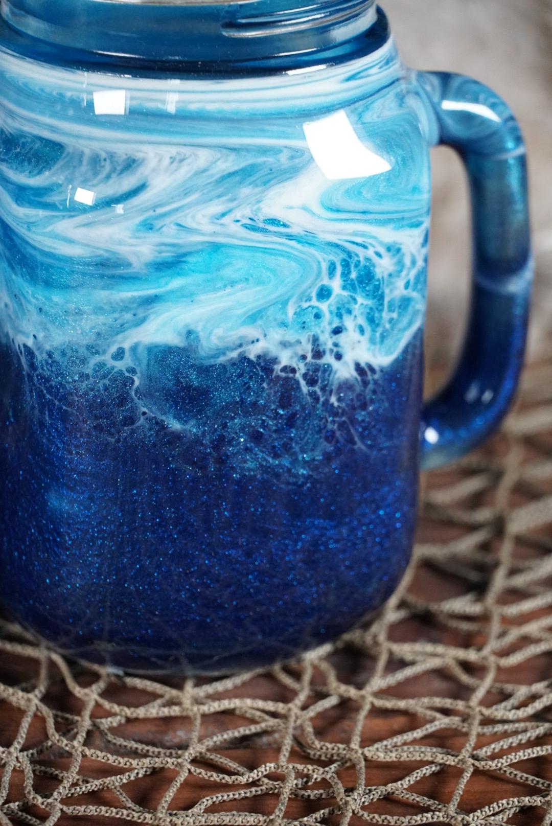 Ocean Waves 16 oz Mason Jar Beverage Glasses with handles | Coastal Decor