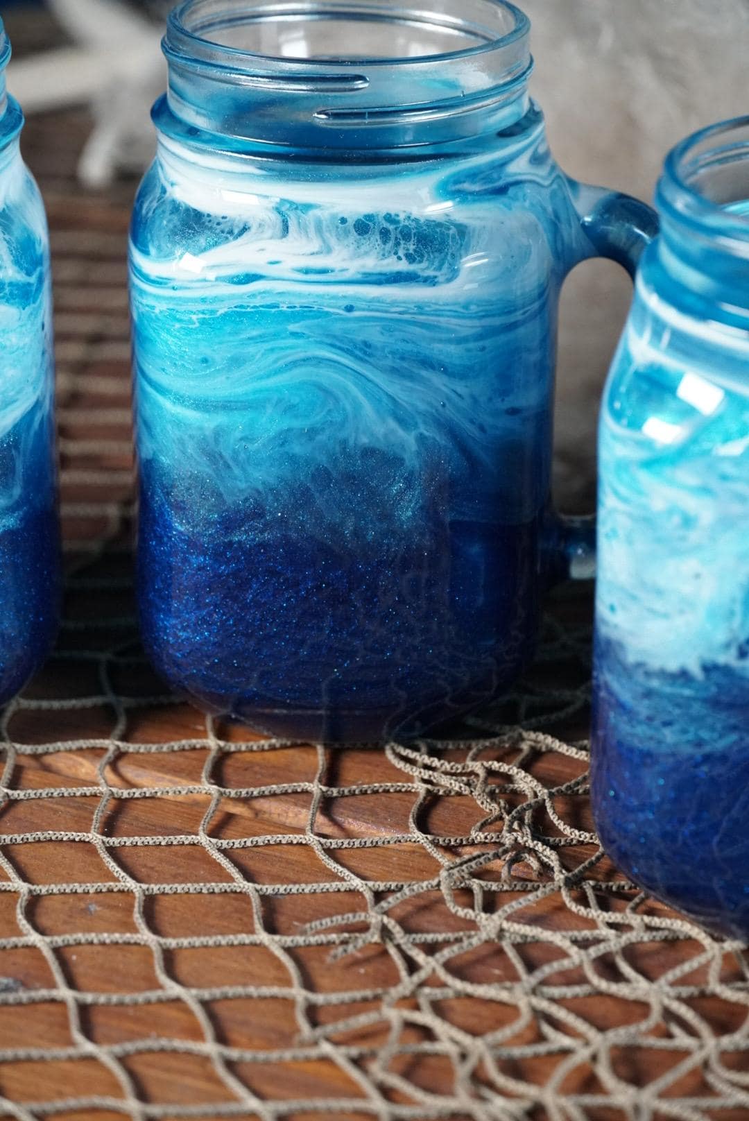 Ocean Waves 16 oz Mason Jar Beverage Glasses with handles | Coastal Decor