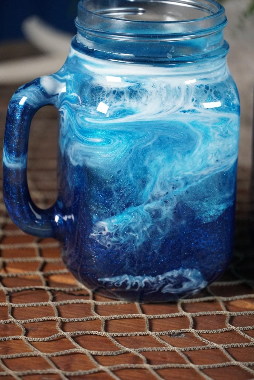 Ocean Waves 16 oz Mason Jar Beverage Glasses with handles | Coastal Decor